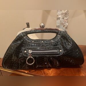 Kathy Van Zeeland Kiss Lock Black Croc Faux Leather Clutch